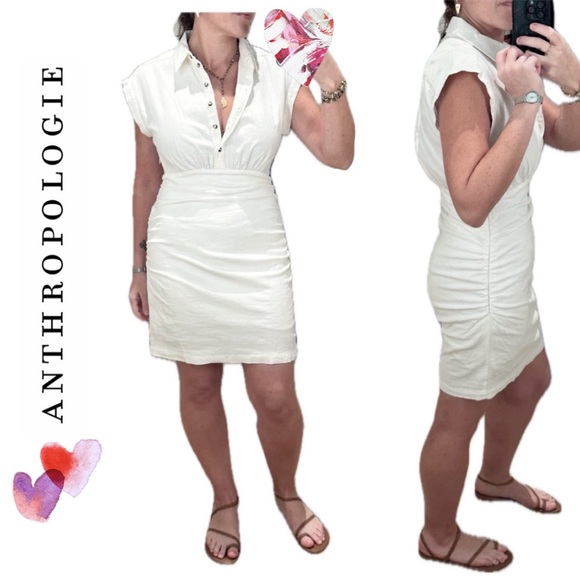 Anthropologie Cap Sleeve Collared Linen Rouched Mini Dress Medium. Summer dress - Picture 15 of 15